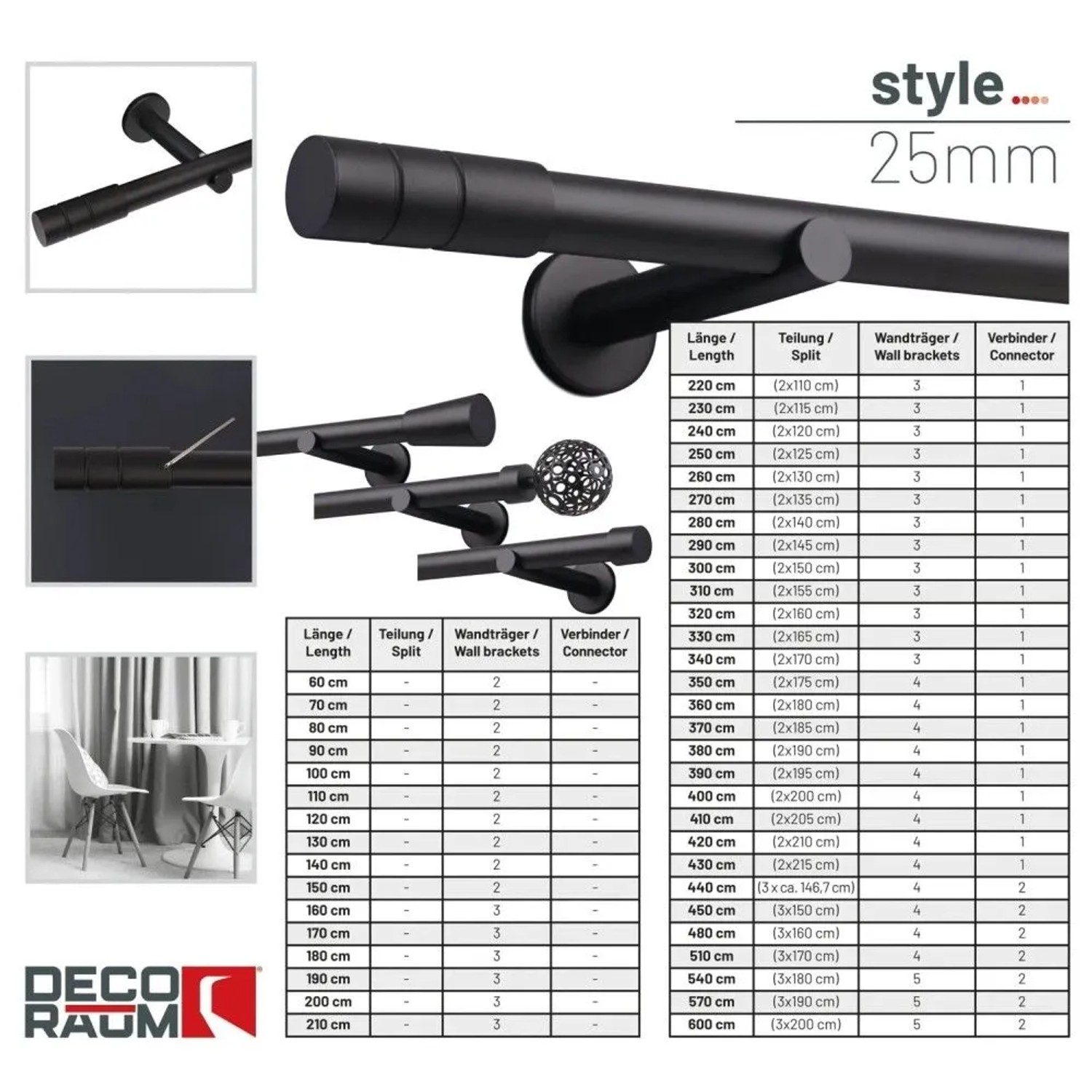 Deco-Raum Gardinenstange nach Maß 1-Lauf Zylinder Ø 25mm Schwarz 440cm