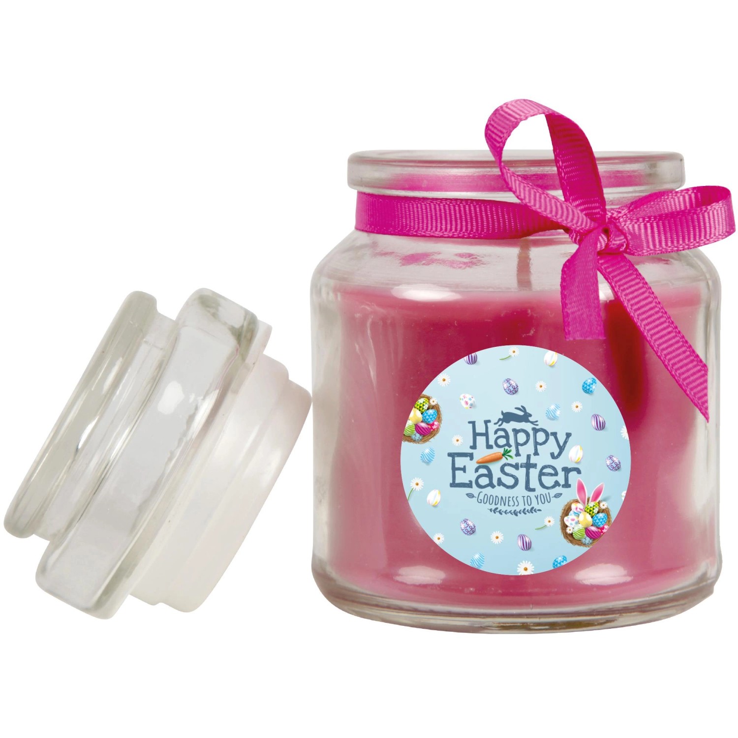 Duftkerze im Glas, Lila Bonbon, mit rosa Schleife und Oster-Motiv.