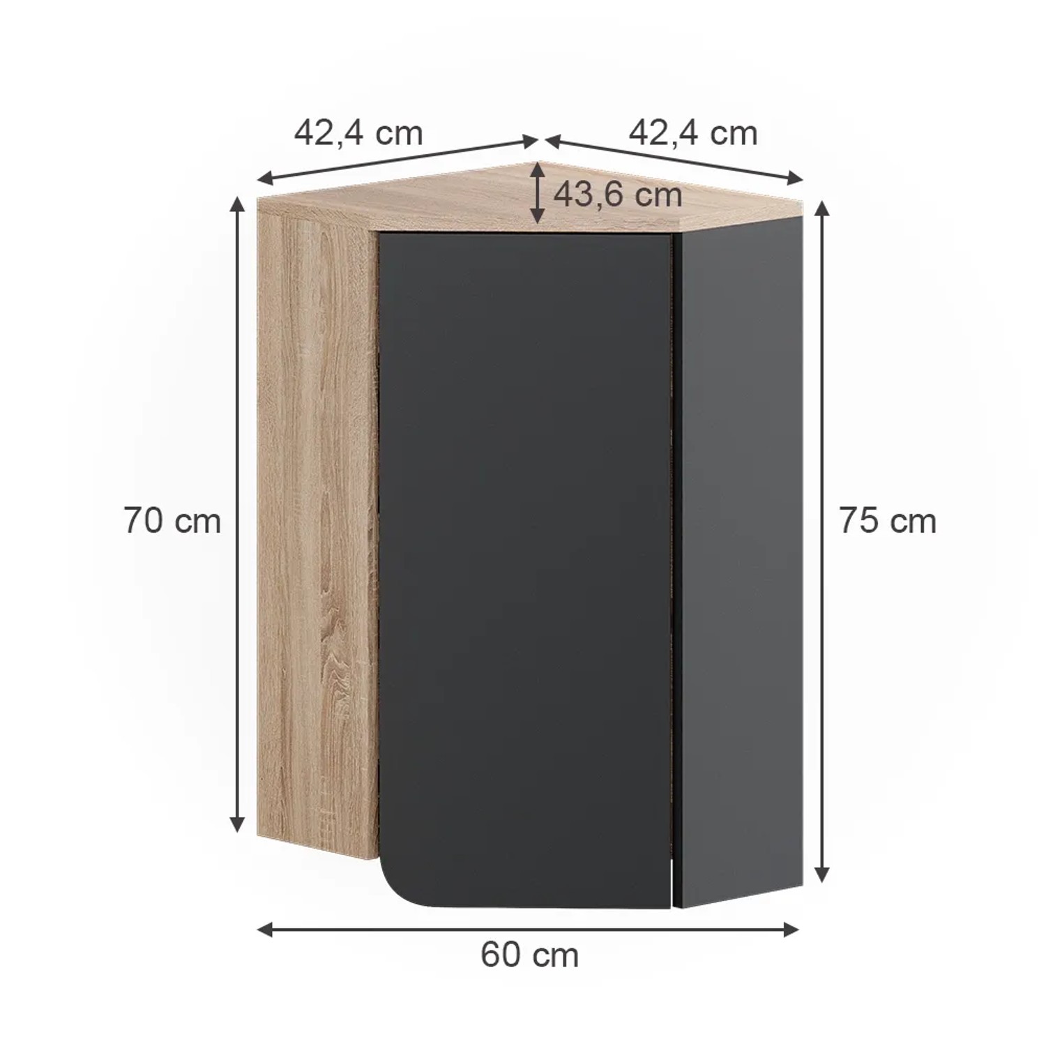 Vicco Eckhängeschrank Karen in Anthrazit und Sonoma Eiche, 50x75 cm, mit Tür und offenen Fächern.