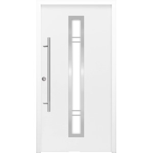 Weiße ThermoSpace Palermo Haustür mit Glaseinsatz und Edelstahlgriff, Anschlag links.