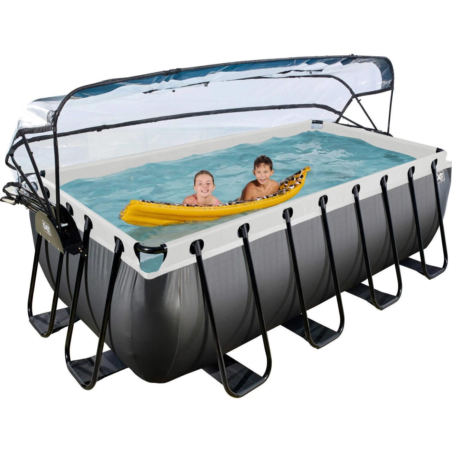 Exit Black Leather Pool 400x200 mit Abdeckung, Sandfilter und Wärmepumpe. Kinder im Pool.