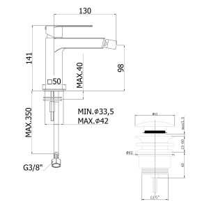 Technische Zeichnung: pianura Bidetarmatur Giulia 5L mit Ablaufventil in Chrom, Maße und Anschlüsse.