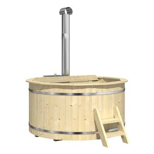 Finntherm Holz-Badefass Bergen mit Ofen und Leiter. Hot Tub aus Fichte mit Edelstahlbändern.