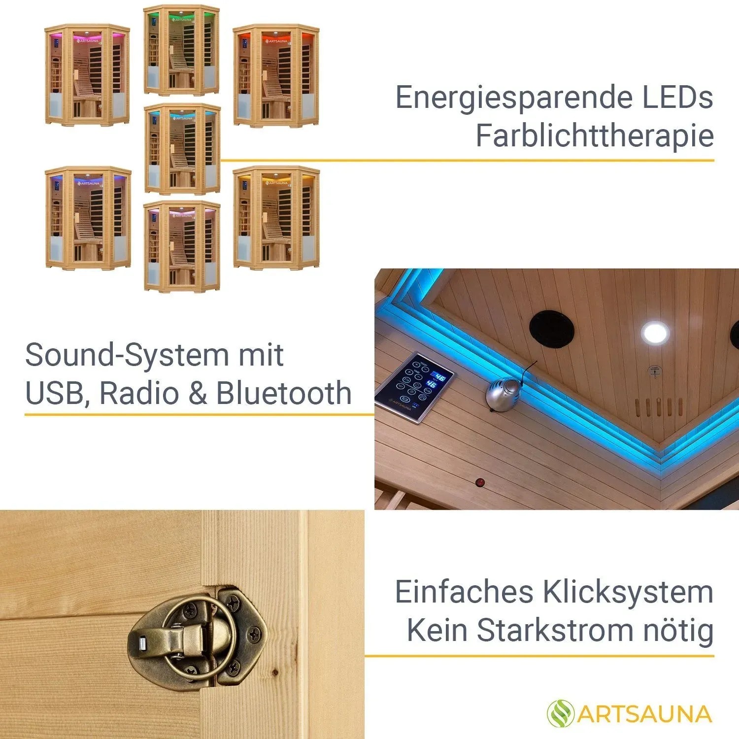 Artsauna Infrarotkabine Aalborg: Details wie LED-Farblicht, Soundsystem, Klicksystem und Türverschluss im Überblick.