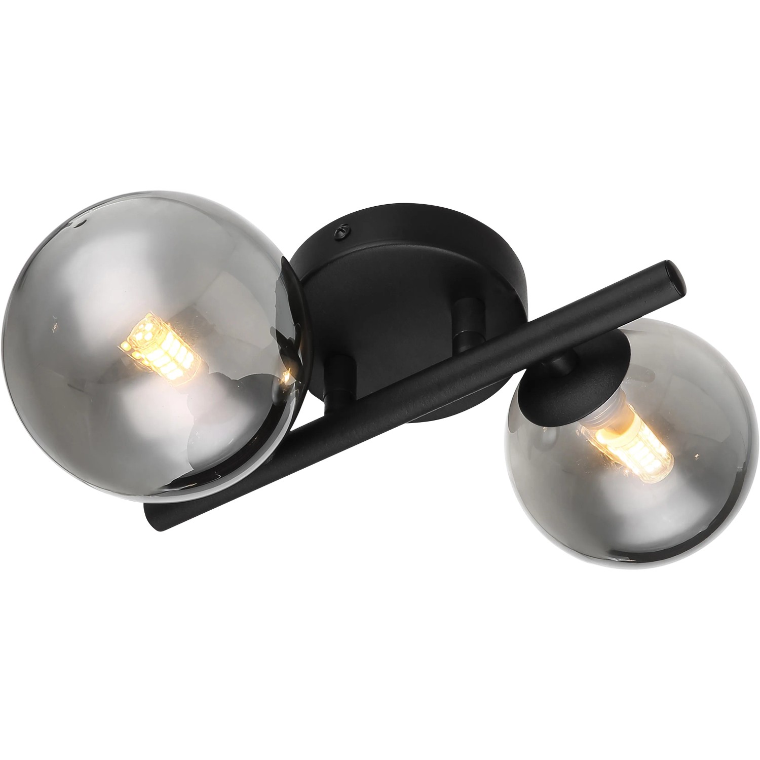 Moderne Globo LED-Wandleuchte Riha, 2-flammig, schwarz matt mit rauchfarbenen Glasschirmen.
