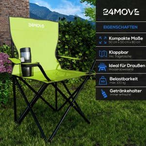 Hellgrüner 24Move Campingstuhl mit Getränkehalter und Tragetasche, ideal für Outdoor-Aktivitäten.