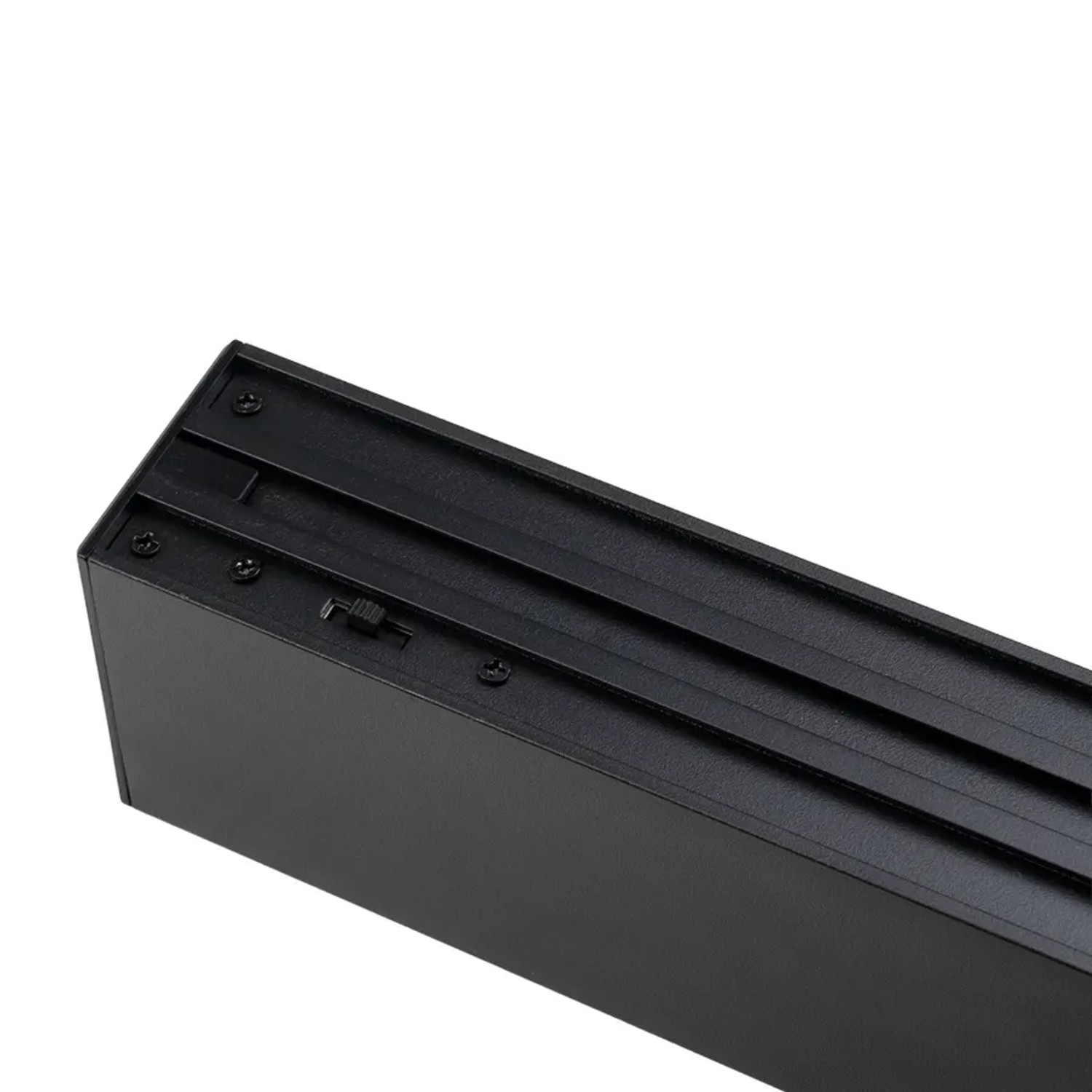 Detailaufnahme der schwarzen LUXULA LED Tresenleuchte (120cm) mit Schalter zur Farbtemperatur-Einstellung.