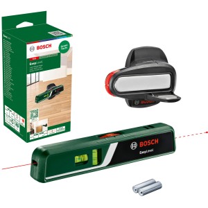 Bosch EasyLevel Laser-Wasserwaage mit Wandhalterung, Batterien und Verpackung.