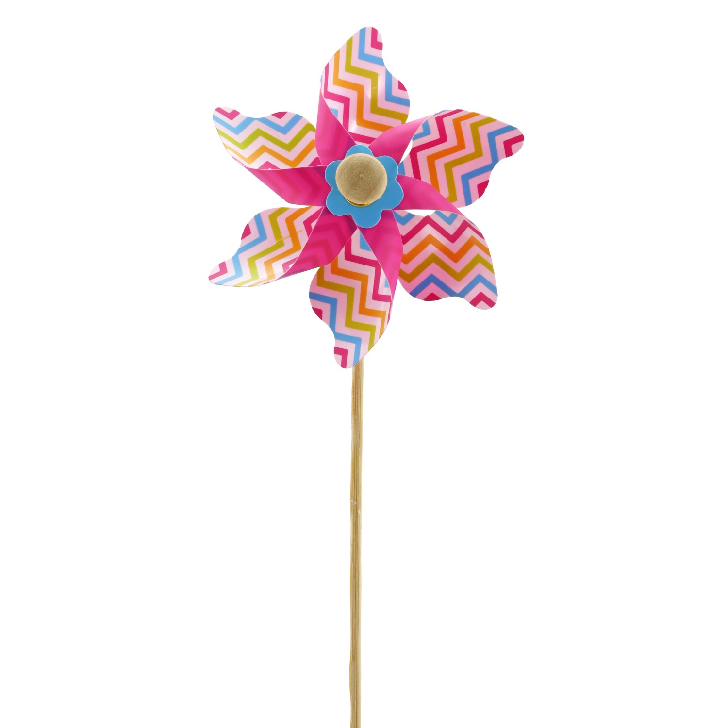 Buntes Windrad aus Kunststoff und Holz, 2-fach sortiert, für frühlingshafte Dekoration.