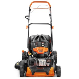 FUXTEC Benzin Rasenmäher FX-RM5196 in Schwarz-Orange, Frontansicht. 50 cm Schnittbreite, Auto-Choke, Easy-Clean.