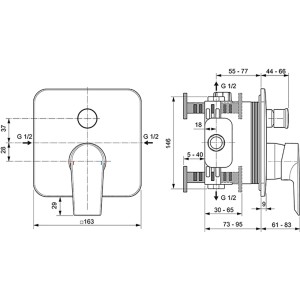 Technische Zeichnung Ideal Standard Edge Unterputz Badearmatur, Chrom, mit Maßangaben.