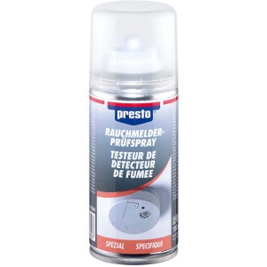 Silbernes Presto Rauchmelder-Prüfspray in Sprühdose mit weißer Kappe. Zur Funktionskontrolle von Rauchmeldern.