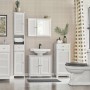 Badezimmer-Set mit SoBuy Spiegelschrank BZR55-W, Hängeschrank und Waschbeckenunterschrank in Weiß mit Lamellentüren.
