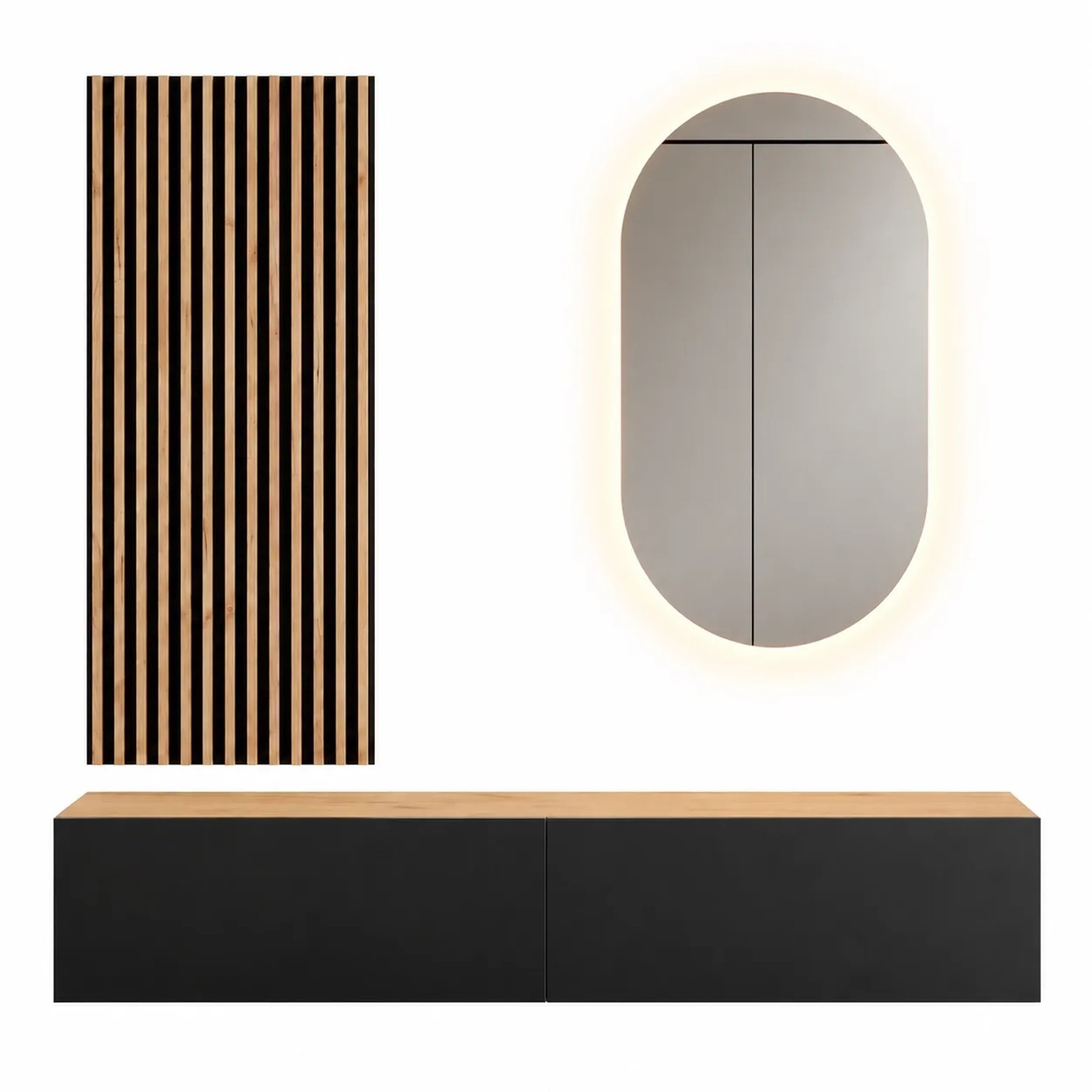 Planetmöbel Flurgarderobe Set 160 cm Gold Eiche Anthrazit mit Wandpaneel und LED Spiegel Dimmbar