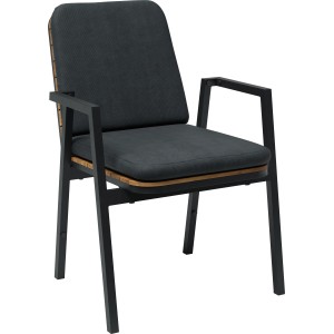 Dining-Sessel Olary mit Akazienholz und dunklen Kissen, ideal für den Garten.