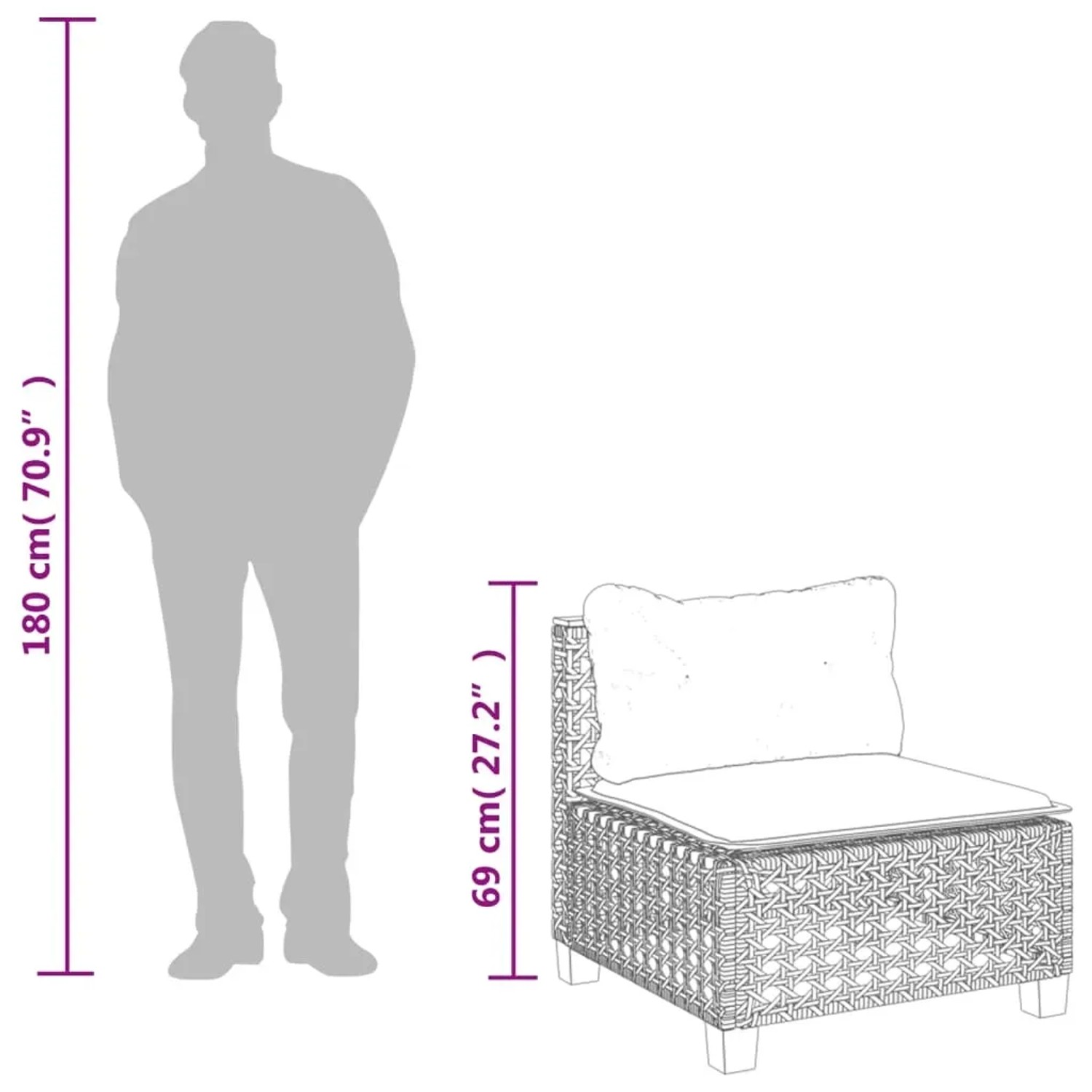 vidaXL Garten-Sofagarnitur, 5-teilig, schwarz Poly Rattan, mit Maßangaben zur Höhe.