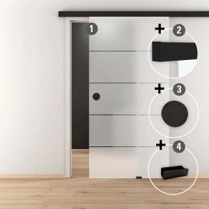 Novadoors Schiebetür-Set Ontario, 190 cm, Schwarz, mit Glas-Schiebetür, Griffmuschel und Softeinzug.