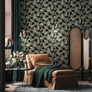 Moderne Vliestapete mit Palmenmuster in Schwarz, Weiß und Grün für Wohnzimmer.