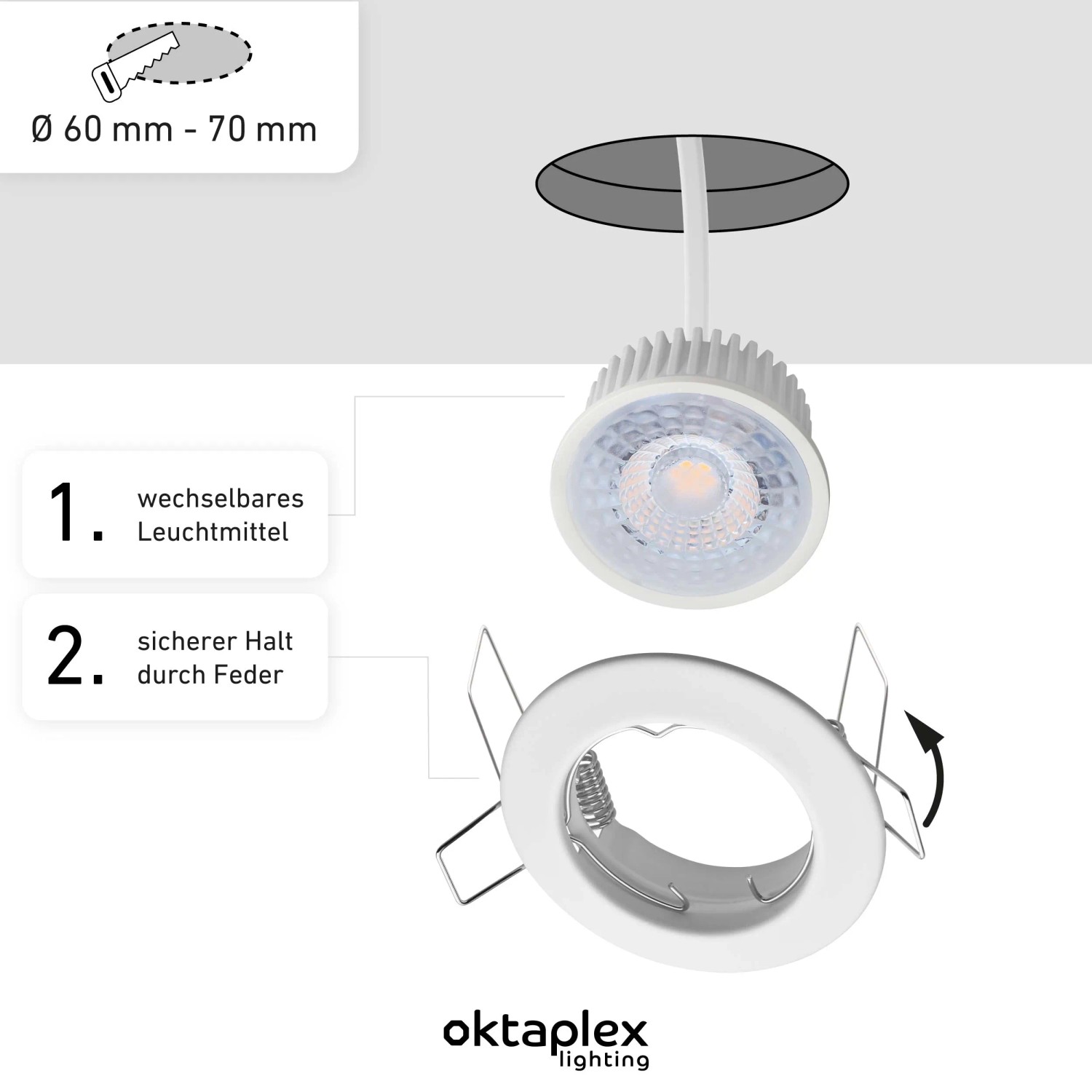 Oktaplex LED Einbaustrahler Sedan 3er Set, dimmbar, warmweiß, weiß. Deckenspot Details.