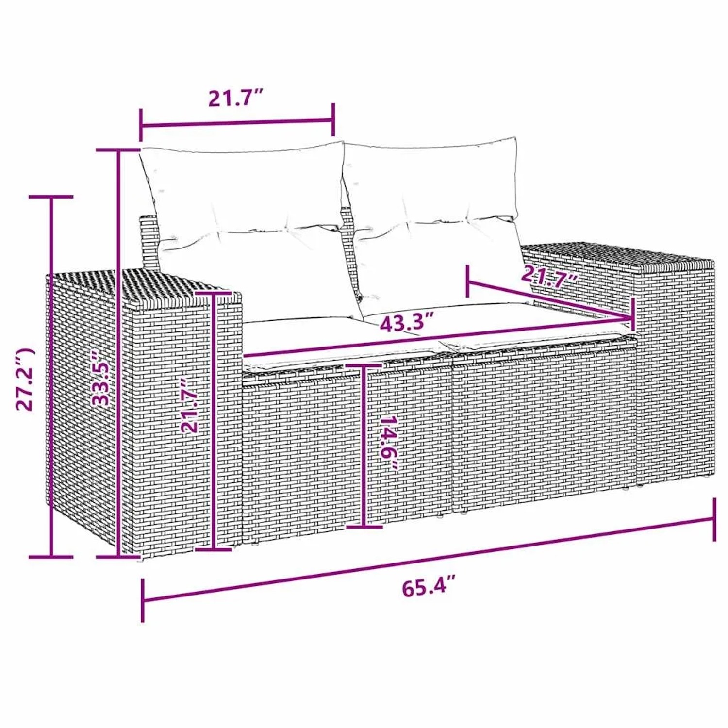vidaXL Garten-Sofa-Set, 13-teilig, schwarz, Poly Rattan, mit Maßangaben.