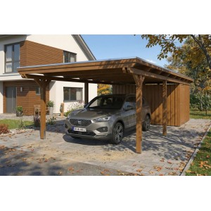 Skan Holz Carport Emsland Stahl-Dachplatten Abstellraum 402 x 846 cm Nussbaum
