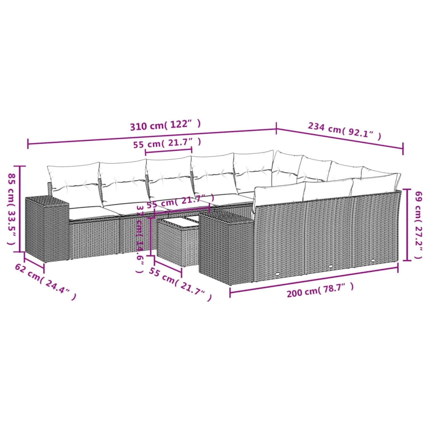 Schwarze 11-tlg. vidaXL Garten-Sofagarnitur aus Polyrattan mit Kissen. Gartenmöbel für Terrasse und Garten.