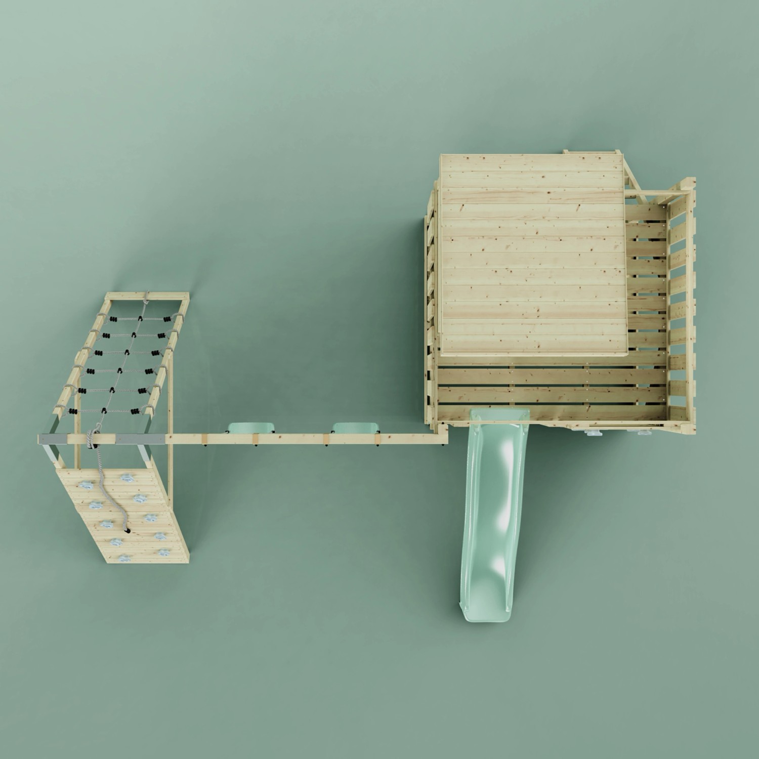 PolarPlay Spielturm Frida mit Schaukel, Rutsche und Kletterwand, mintgrün, Vogelperspektive.