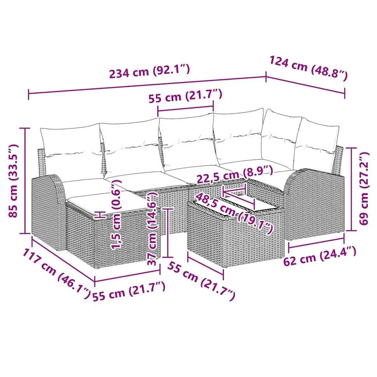 Beige-weißes 7-teiliges Garten-Sofa-Set aus Polyrattan mit Kissen und Tisch, modulare Bauweise.