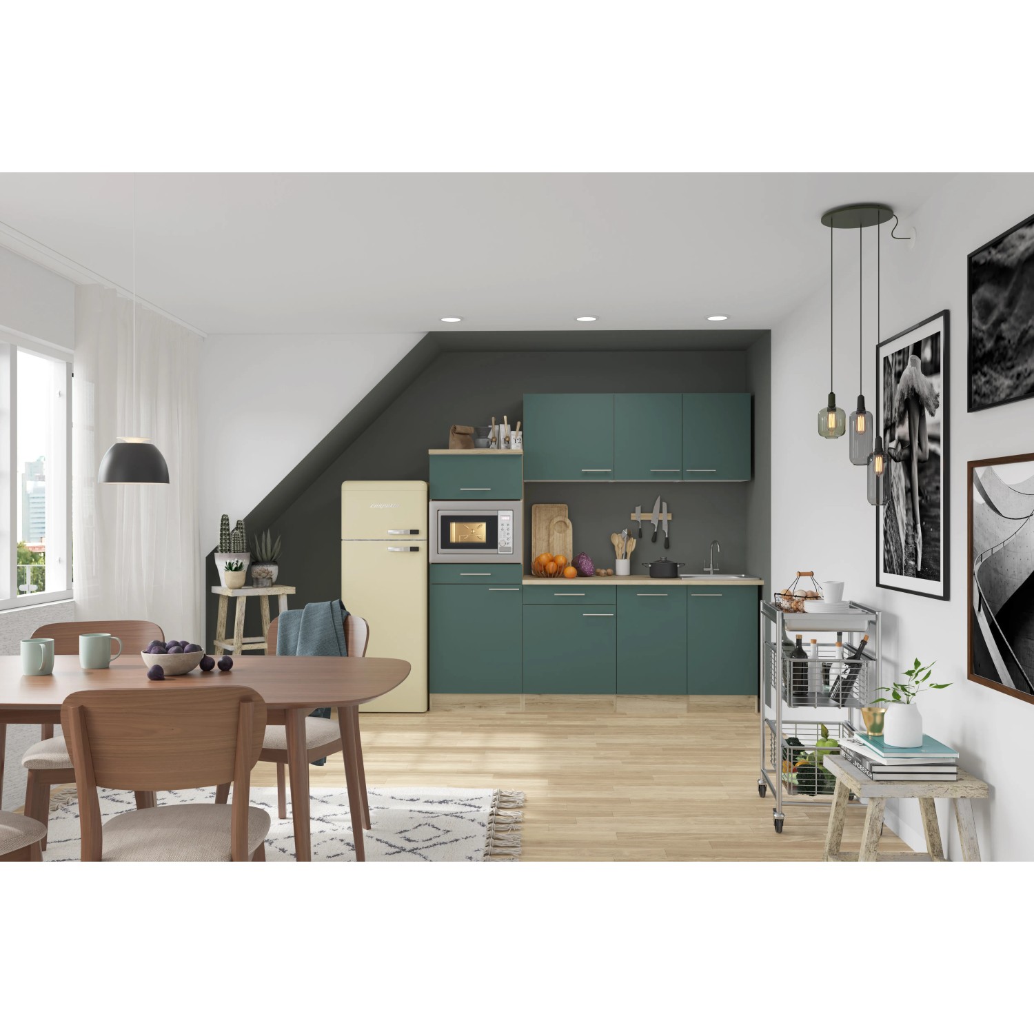 Moderne OPTIFIT Savona405 Küchenzeile in Steingrün mit Eiche Arbeitsplatte und Elektrogeräten.