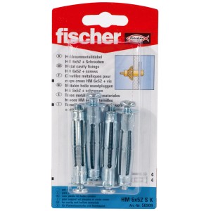 Fischer Hohlraumdübel HM 6x52 SK, 4er-Set mit Schrauben, für Gipskarton und Hohldecken.