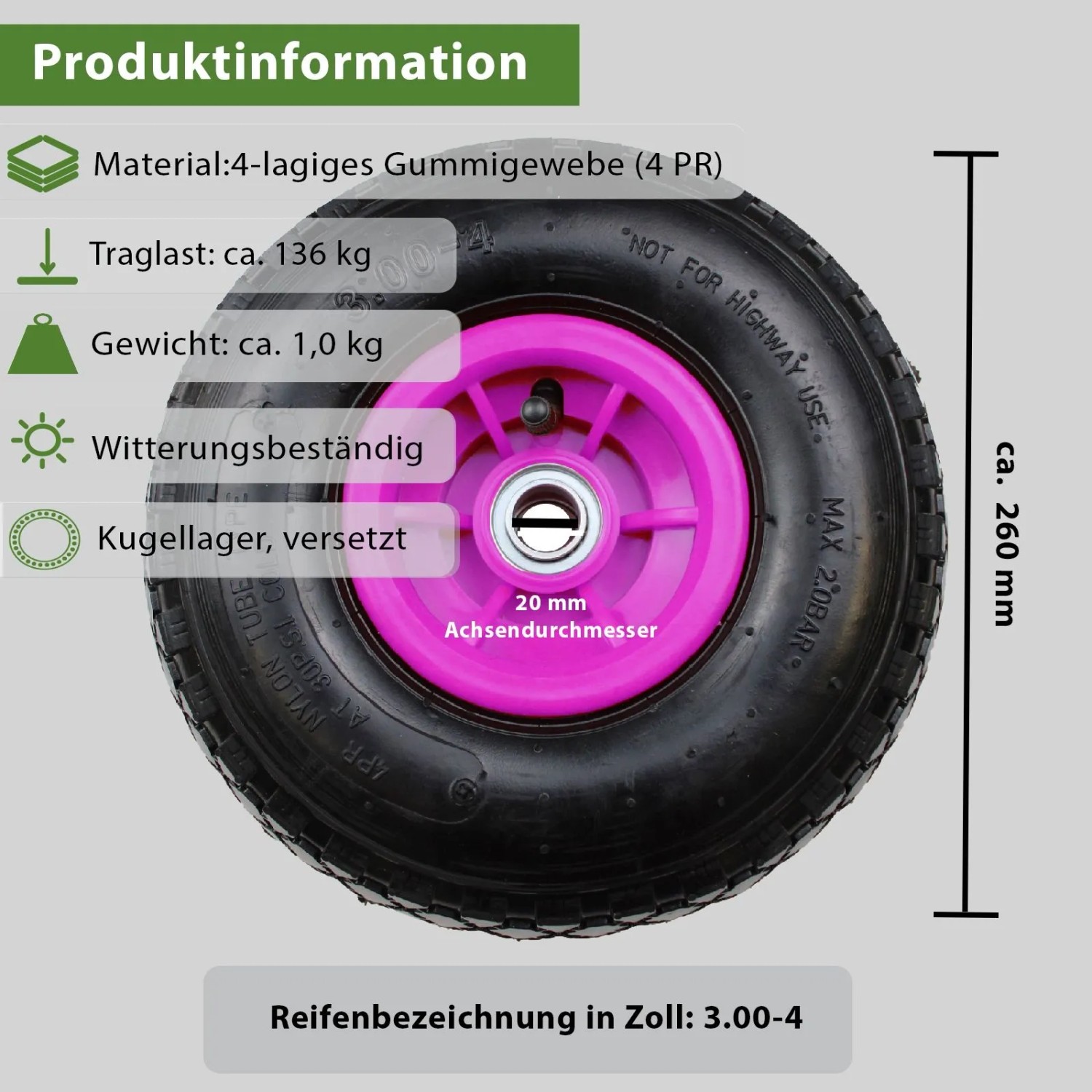 4er Set TRUTZHOLM Sackkarrenrad, 260x85mm, pinke Felge, für Baumaschinen & Transportgeräte.