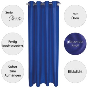 Blauer, blickdichter 2er-Pack Gardinen Alessia mit Ösen, 140x145 cm. Dekorative Fenstervorhänge.