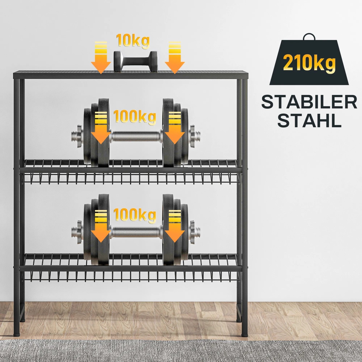 HOMCOM Getränkekistenregal aus Stahl, schwarz, mit Gewichten zur Veranschaulichung der Belastbarkeit.