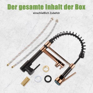 Gold-schwarze Küchenarmatur mit hohem Bogen, ausziehbarer Brause und Montagezubehör. 360° drehbarer Spültischmischer.