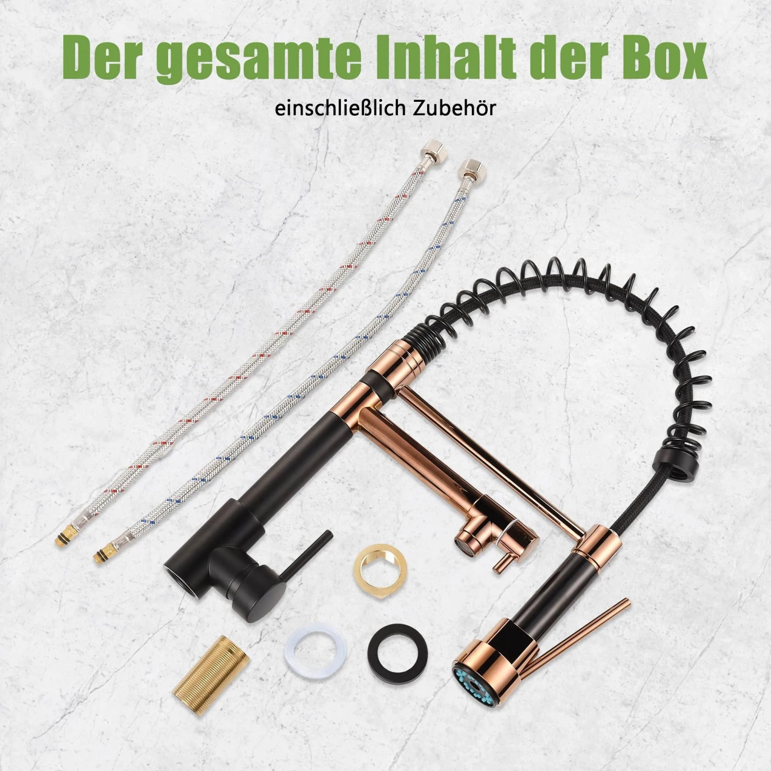 Gold-schwarze Küchenarmatur mit hohem Bogen, ausziehbarer Brause und Montagezubehör. 360° drehbarer Spültischmischer.