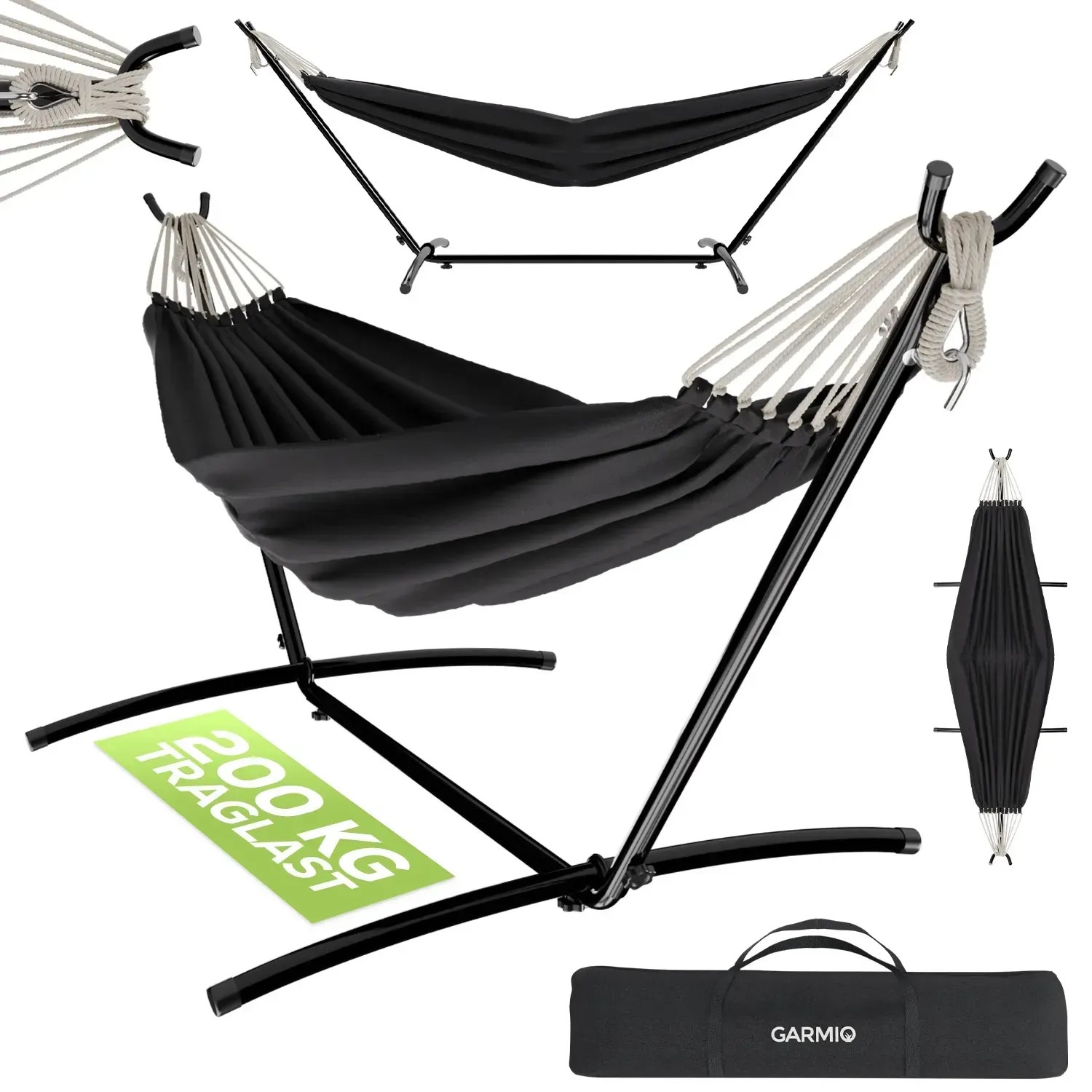 Garmio Hängematte Venedig Anthrazit mit Gestell, wetterfest und bis 200kg belastbar.