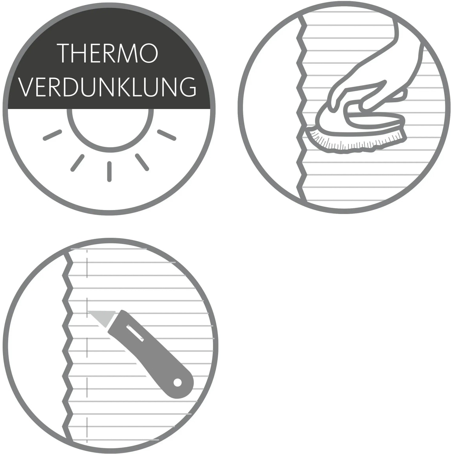 Schöner Wohnen Thermo-Plissee Ella: Symbole für Verdunklung, Reinigung und Kürzfunktion.