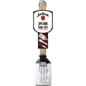 Jim Beam Grillbesteck, 3-teilig: Gabel, Wender und Zange aus Edelstahl mit Holzgriffen.