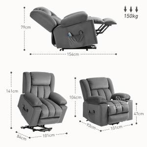 Dunkelgrauer HOMCOM Relaxsessel mit elektrischer Aufstehhilfe, Samt, Massage, Heizung, Maße, 150kg Tragkraft.