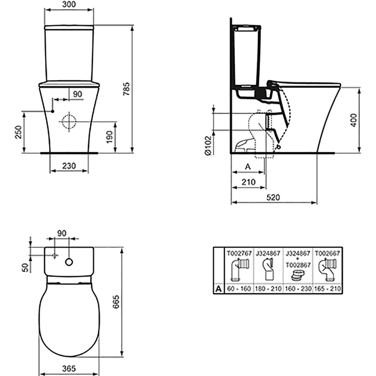 Technische Zeichnung: Ideal Standard Connect Air Stand-WC, spülrandlos mit AquaBlade, Maße und Anschlüsse.