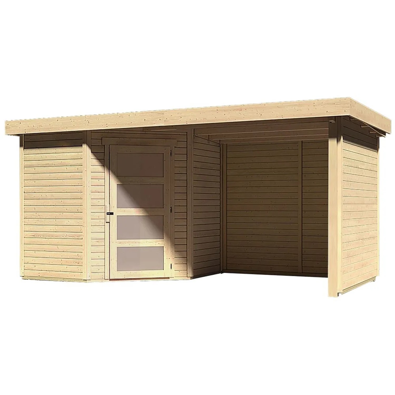 Karibu Holz-Gartenhaus Linköbing, unbehandelt mit Flachdach und Anbau.