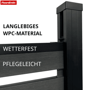 Detailaufnahme: Anthrazitfarbener WPC Sichtschutzzaun Capri mit Aluminiumpfosten.