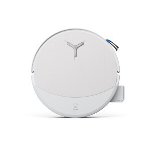 Weißer, runder ECOVACS DEEBOT T90 OMNI Saug- und Wischroboter. Moderner Staubsauger mit strukturierter Oberfläche und blauer Bürste.