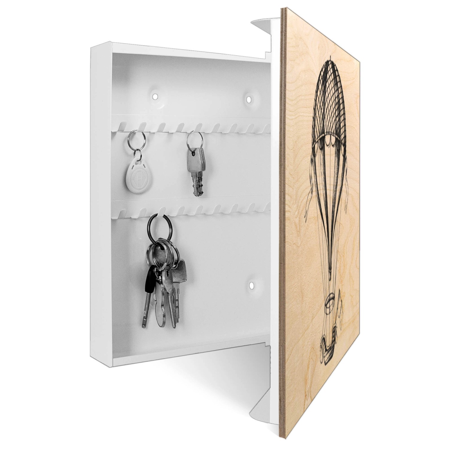 Weißer Schlüsselkasten aus Holz mit Heißluftballon-Motiv, 30x30cm, 50 Haken.