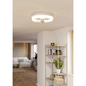 Weißer Eglo LED-Deckenventilator Castaic, Ø 50 cm, mit integriertem Licht an der Decke im Wohnraum.