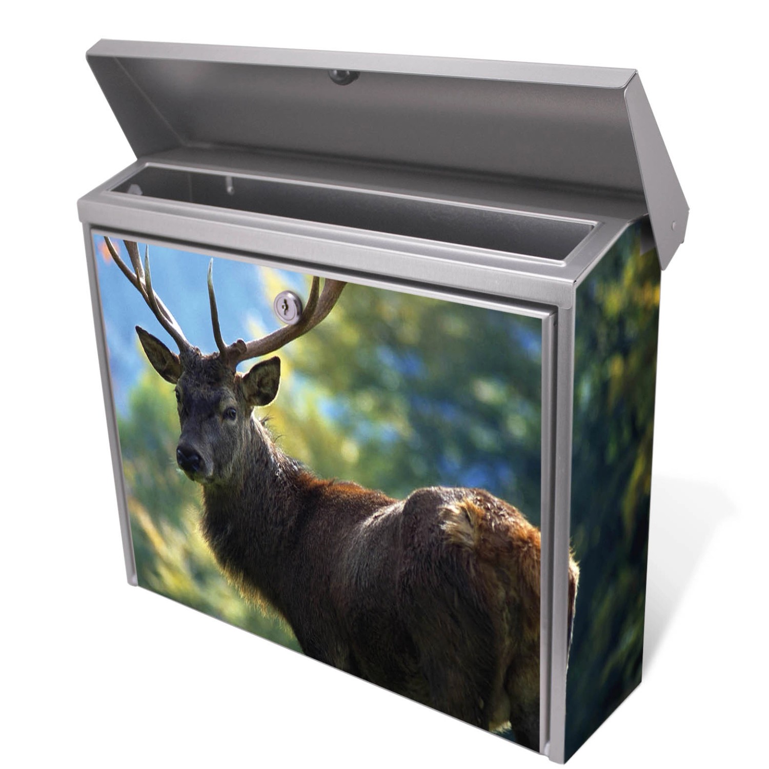 Banjado Edelstahl Briefkasten mit Hirsch Motiv, 38.5x31.5x12cm, ohne Zeitungsfach.