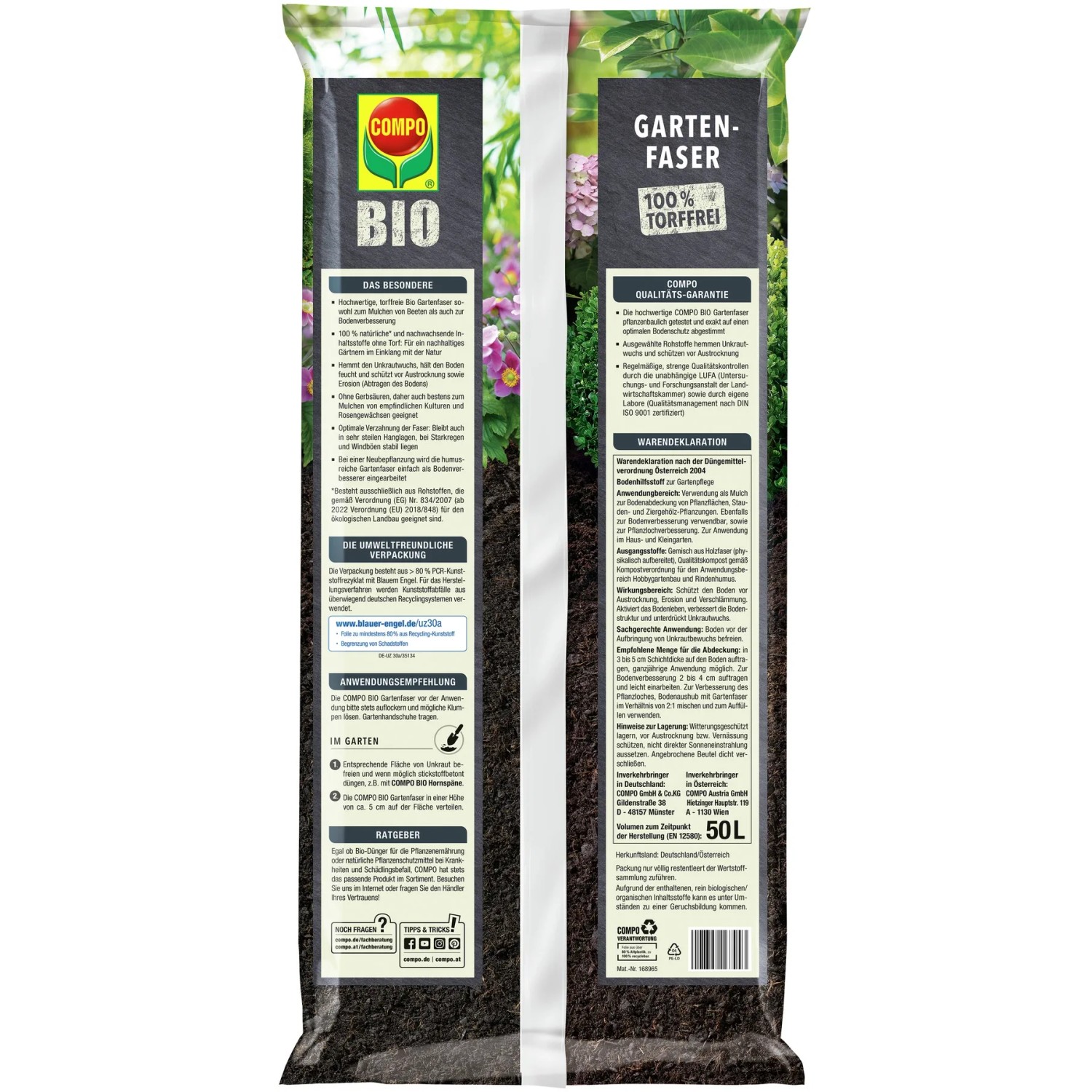 Sack Compo Bio Gartenfaser, torffrei, 50 l. Mulchmaterial zur Bodenverbesserung und Unkrauthemmung.