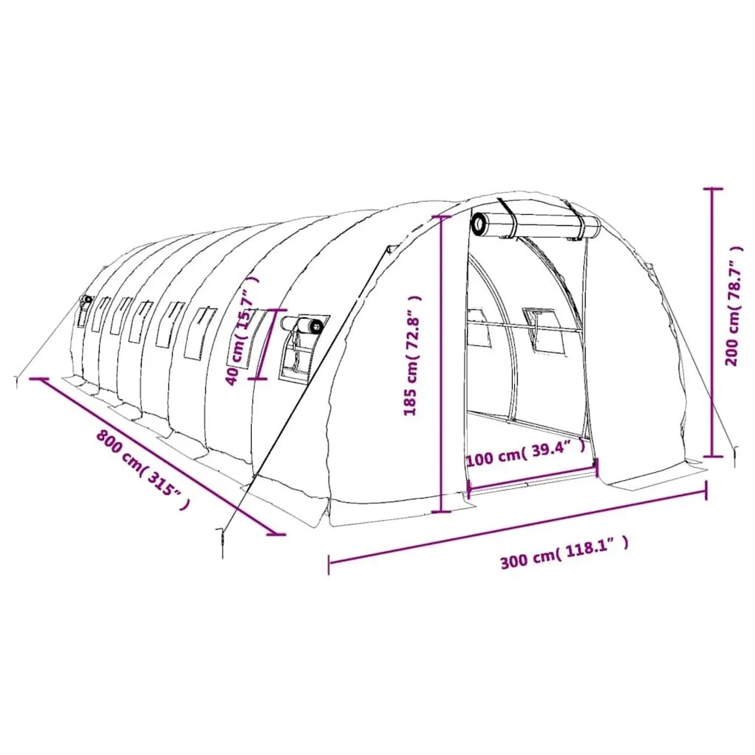Weißes vidaXL Gewächshaus mit Stahlrahmen, 24 m², 8x3x2 m, mit Fenster und Tür.