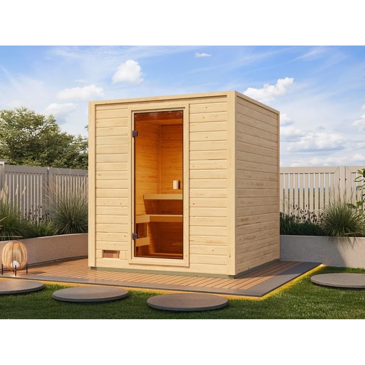 Karibu Saunahaus Gartensauna Lenchen 2 Natur mit Bronzierter Ganzglastür 38 mm Wandstärke ohne Ofen Braun