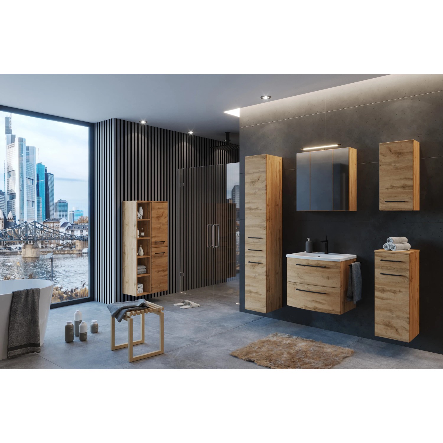 Tavolino Moderno HAKU, Struttura Metallo Nero, Piano MDF Con Finitura Rovere, Diametro 60 Cm, Capacità 10 Kg, Perfetto Per Soggiorno O Salotto